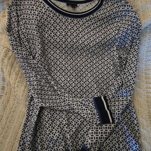 Talbots Blue and White Geometric Button-Shoulder Knit Top